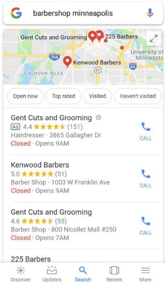 example of Google's local pack - improving your google ranking