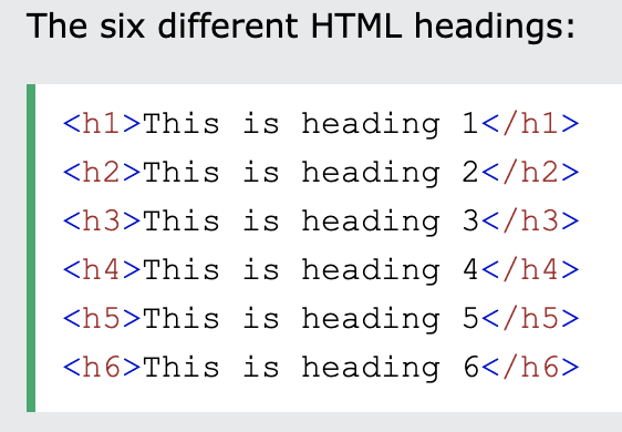 example of the six different HTML headings