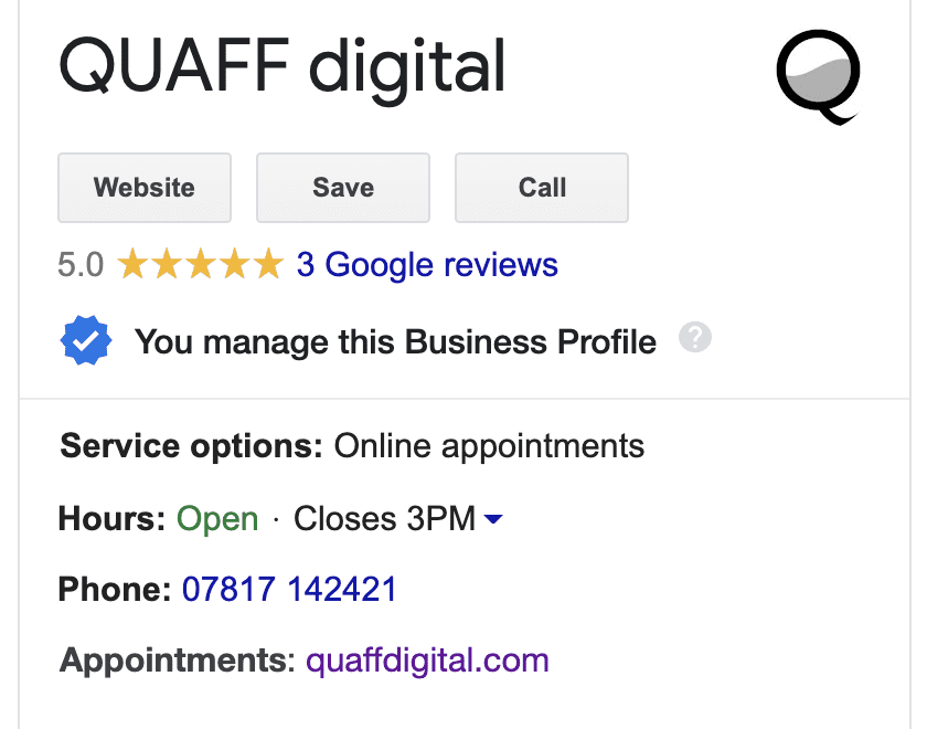 SEO Jargon screenshot of QUAFF digital's Google My Business snippet.